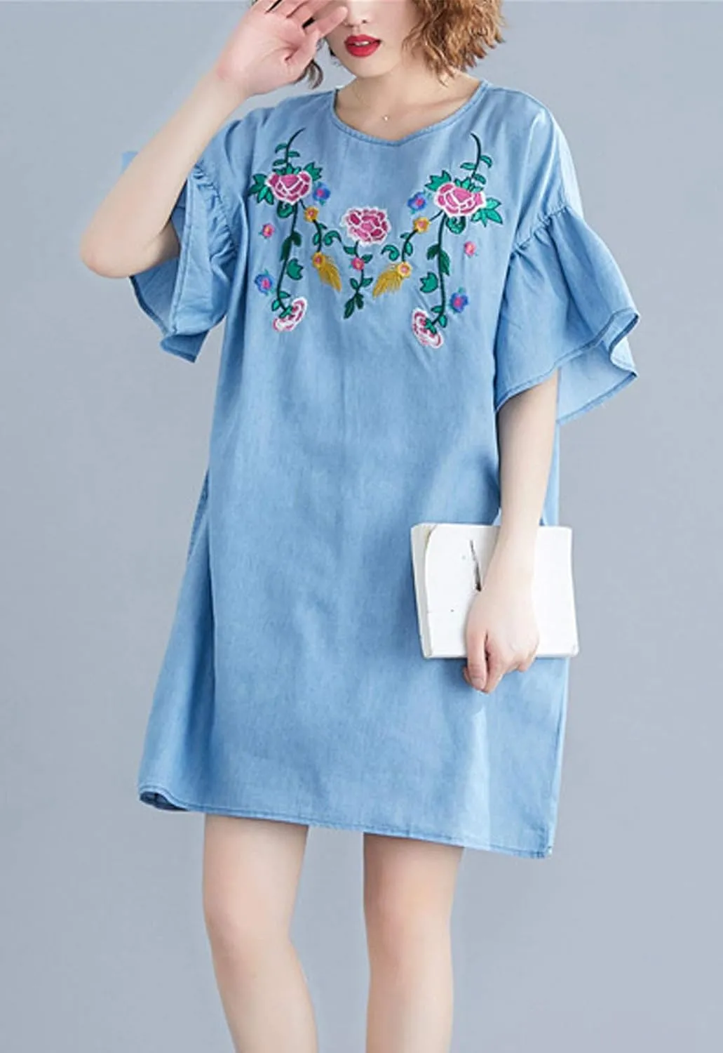 Flygo Womens Loose Baggy Crew Neck Ruffle Sleeve Embroidered Denim Jean Mini Dress