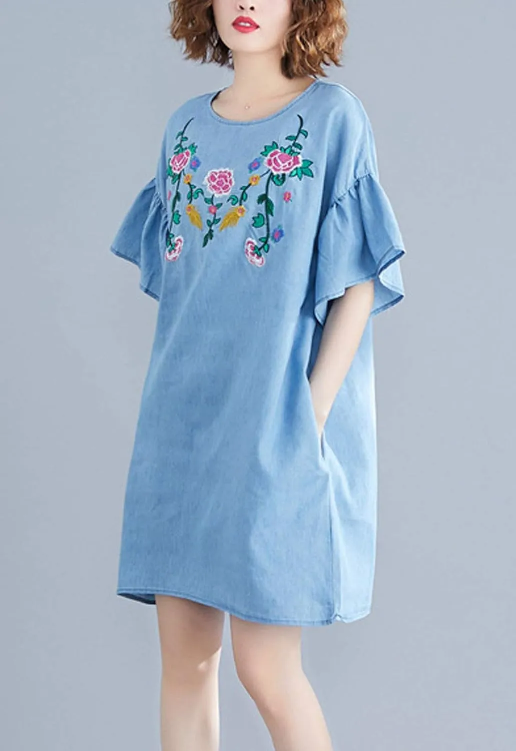 Flygo Womens Loose Baggy Crew Neck Ruffle Sleeve Embroidered Denim Jean Mini Dress
