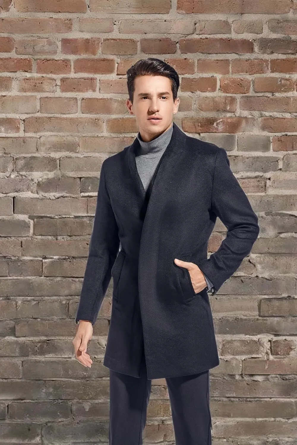 FTCayanz Men's Wool Trench Coat Long Slim Fit Overcoat Winter Single Breasted Top Coats With Pockets