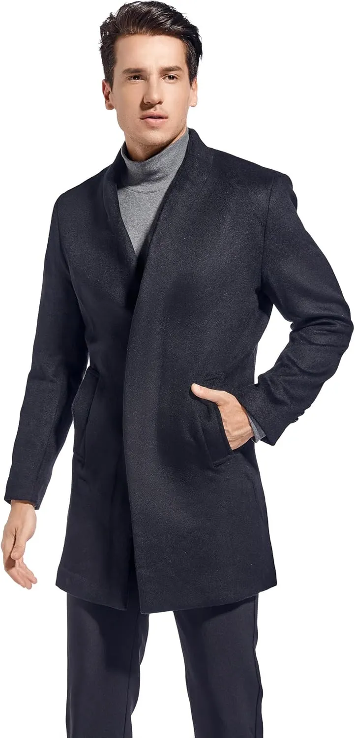FTCayanz Men's Wool Trench Coat Long Slim Fit Overcoat Winter Single Breasted Top Coats With Pockets