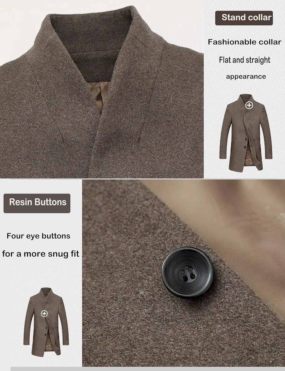 FTCayanz Men's Wool Trench Coat Long Slim Fit Overcoat Winter Single Breasted Top Coats With Pockets