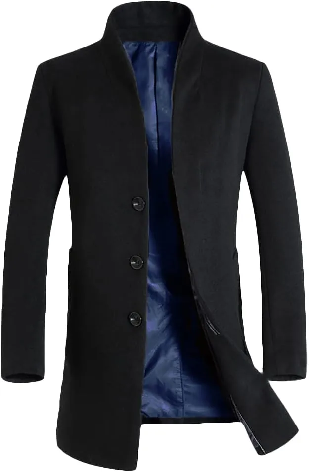 FTCayanz Men's Wool Trench Coat Long Slim Fit Overcoat Winter Single Breasted Top Coats With Pockets