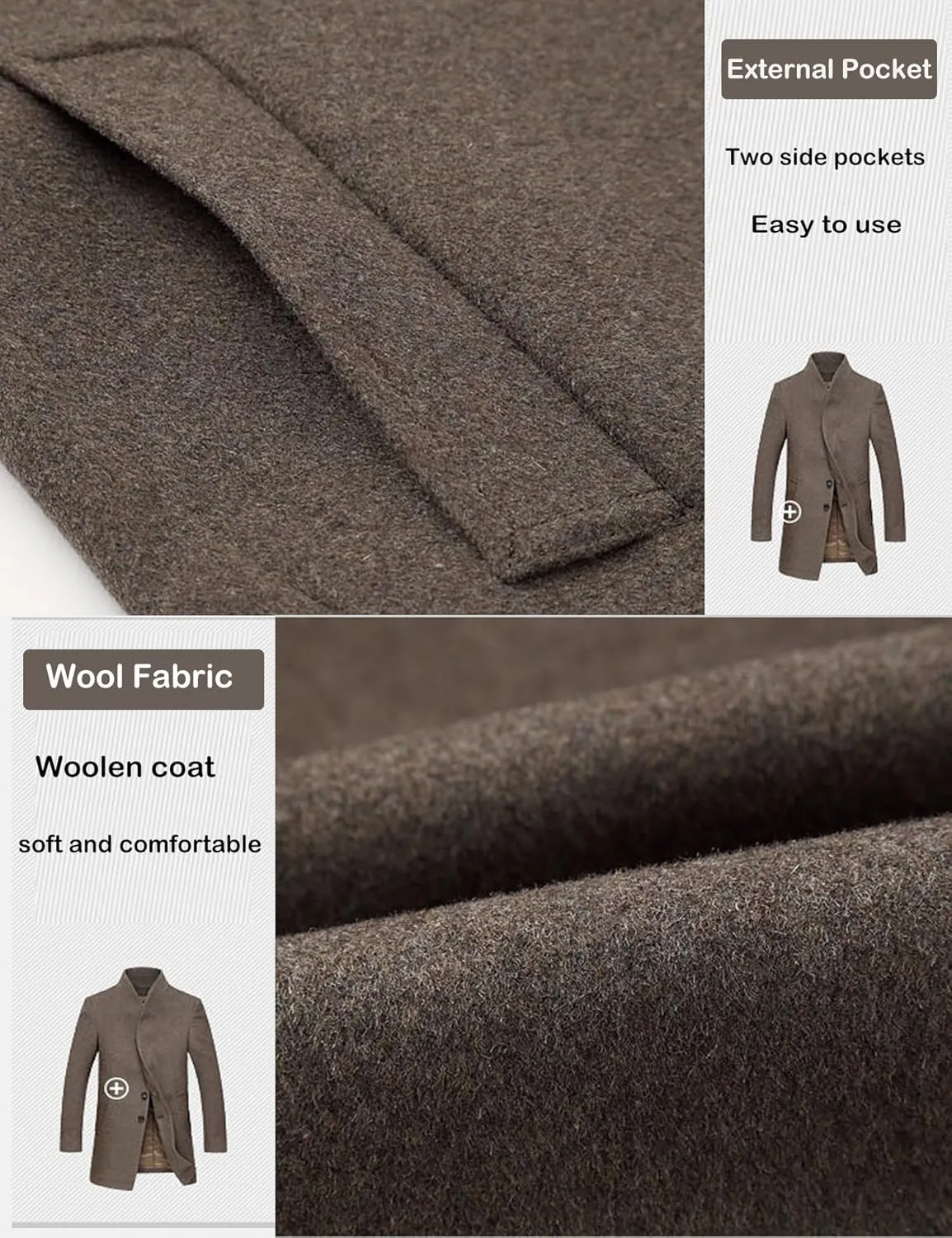FTCayanz Men's Wool Trench Coat Long Slim Fit Overcoat Winter Single Breasted Top Coats With Pockets