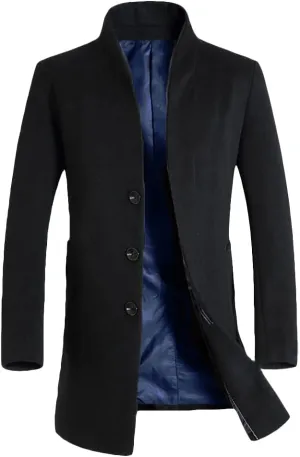 FTCayanz Men's Wool Trench Coat Long Slim Fit Overcoat Winter Single Breasted Top Coats With Pockets