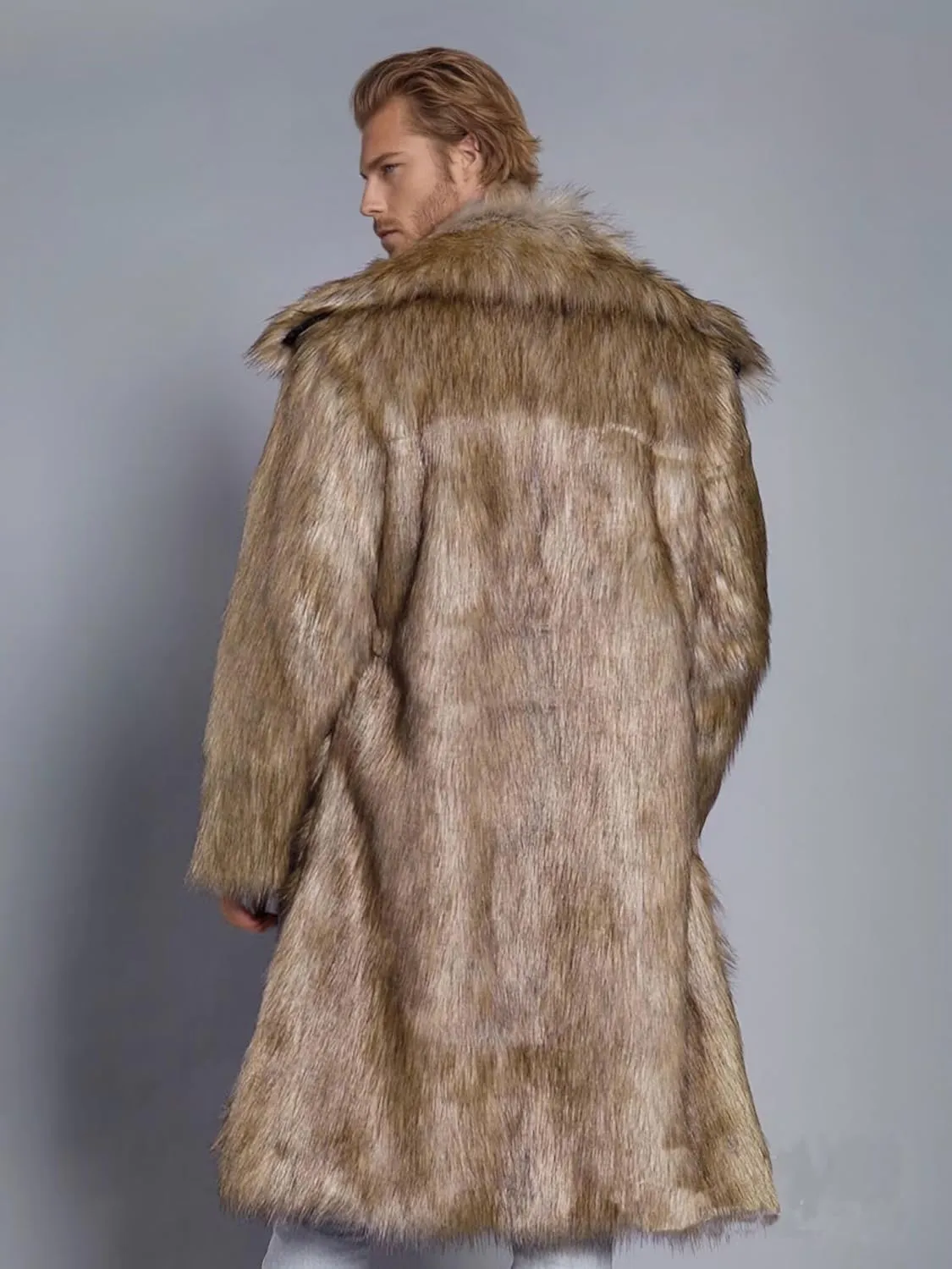 FTIMILD Men's Long Faux Fur Coat Single Breasted Warm Winter Trench Coat Fluffy Thick Overcoat