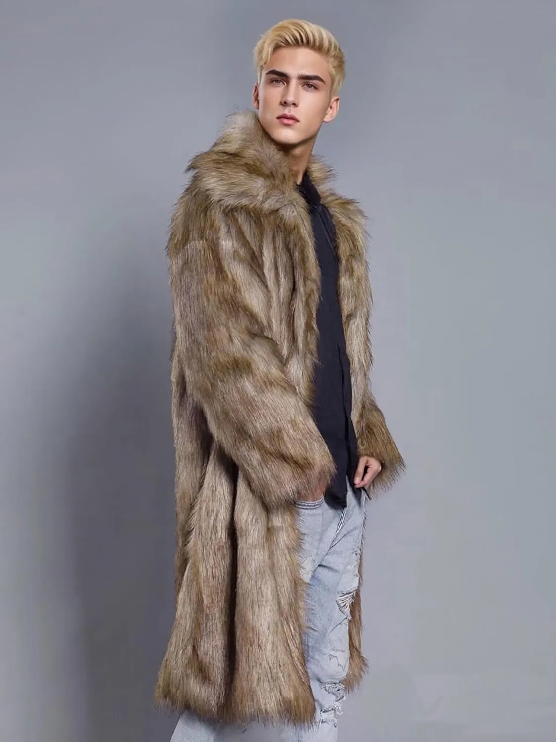 FTIMILD Men's Long Faux Fur Coat Single Breasted Warm Winter Trench Coat Fluffy Thick Overcoat