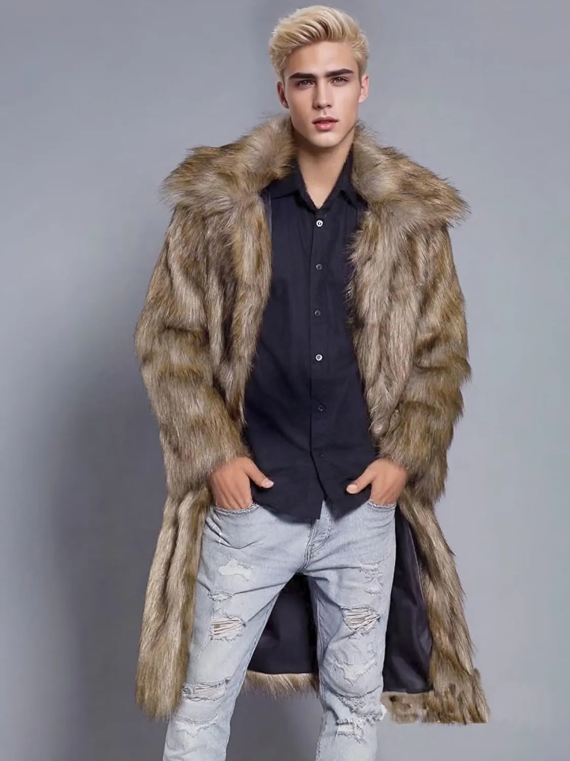 FTIMILD Men's Long Faux Fur Coat Single Breasted Warm Winter Trench Coat Fluffy Thick Overcoat