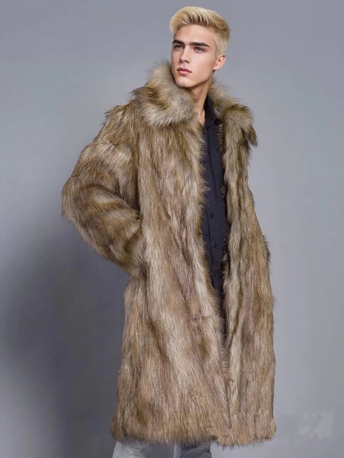 FTIMILD Men's Long Faux Fur Coat Single Breasted Warm Winter Trench Coat Fluffy Thick Overcoat
