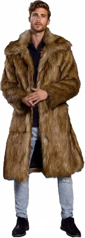 FTIMILD Men's Long Faux Fur Coat Single Breasted Warm Winter Trench Coat Fluffy Thick Overcoat