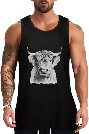 Funny Highland Cow Men's Sleeveless Muscle Shirts Workout Tank Top Graphics Tee T Shirt