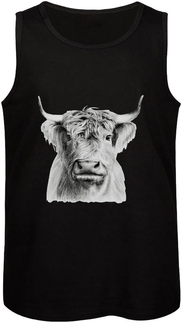 Funny Highland Cow Men's Sleeveless Muscle Shirts Workout Tank Top Graphics Tee T Shirt