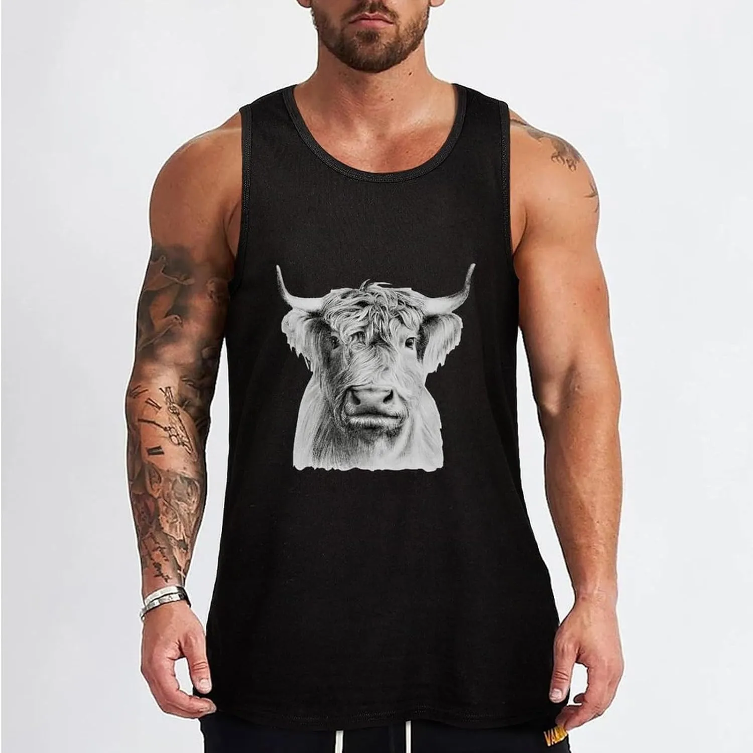Funny Highland Cow Men's Sleeveless Muscle Shirts Workout Tank Top Graphics Tee T Shirt