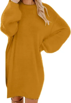 Fuzzy Pullover Sweater Dress for Women Long Sleeve Chunky Oversized Knit Sweater Dress