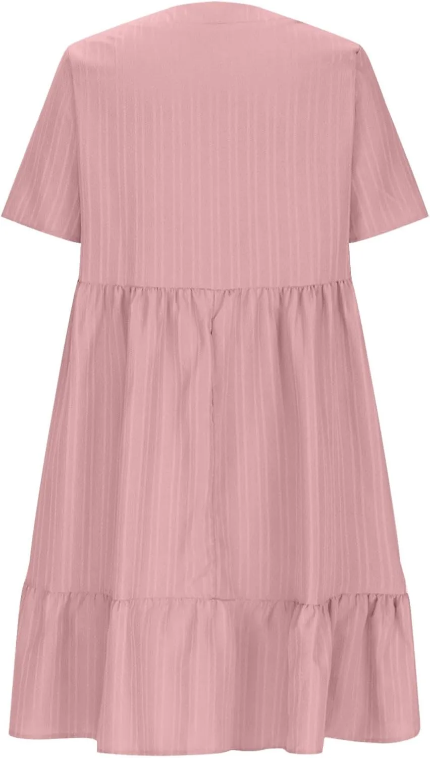 FZYLQY Womens Casual Dresses Short Sleeve V Neck Loose Fit Swing Dress Trendy Comfy Summer Sundresses Beach Mini Dresses