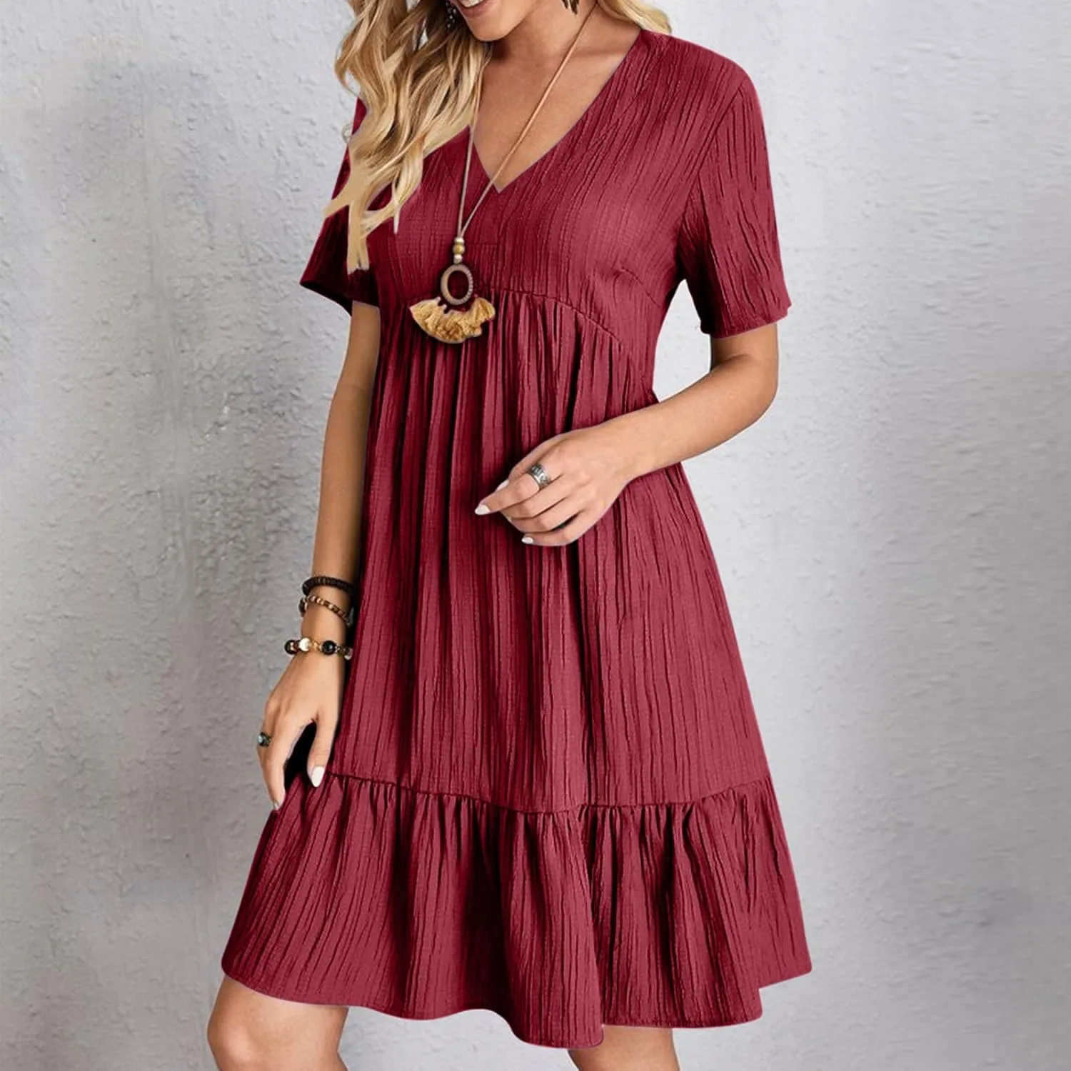 FZYLQY Womens Casual Dresses Short Sleeve V Neck Loose Fit Swing Dress Trendy Comfy Summer Sundresses Beach Mini Dresses