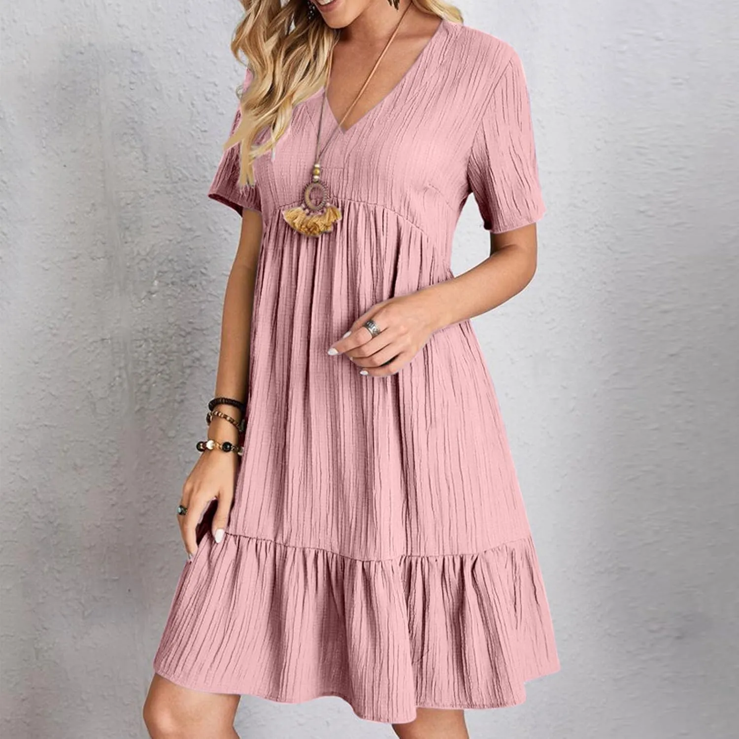 FZYLQY Womens Casual Dresses Short Sleeve V Neck Loose Fit Swing Dress Trendy Comfy Summer Sundresses Beach Mini Dresses