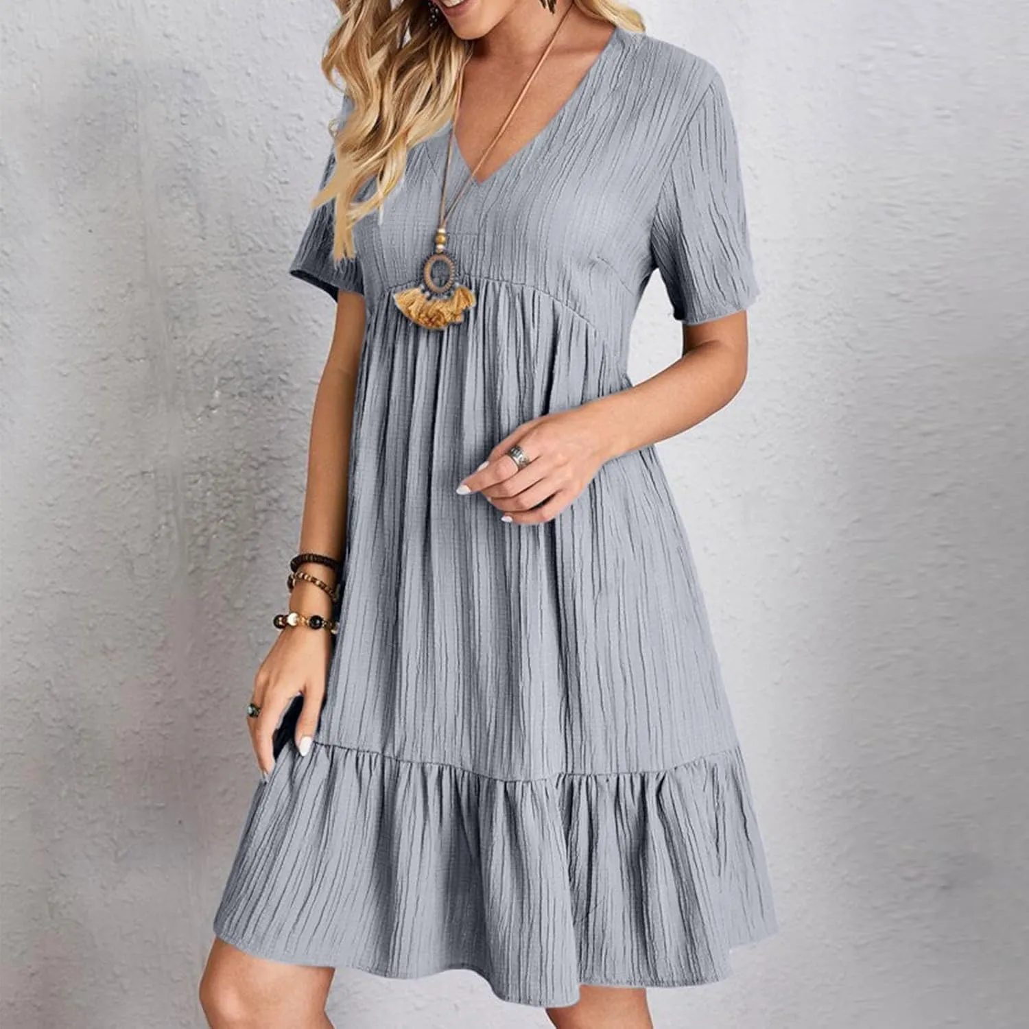FZYLQY Womens Casual Dresses Short Sleeve V Neck Loose Fit Swing Dress Trendy Comfy Summer Sundresses Beach Mini Dresses
