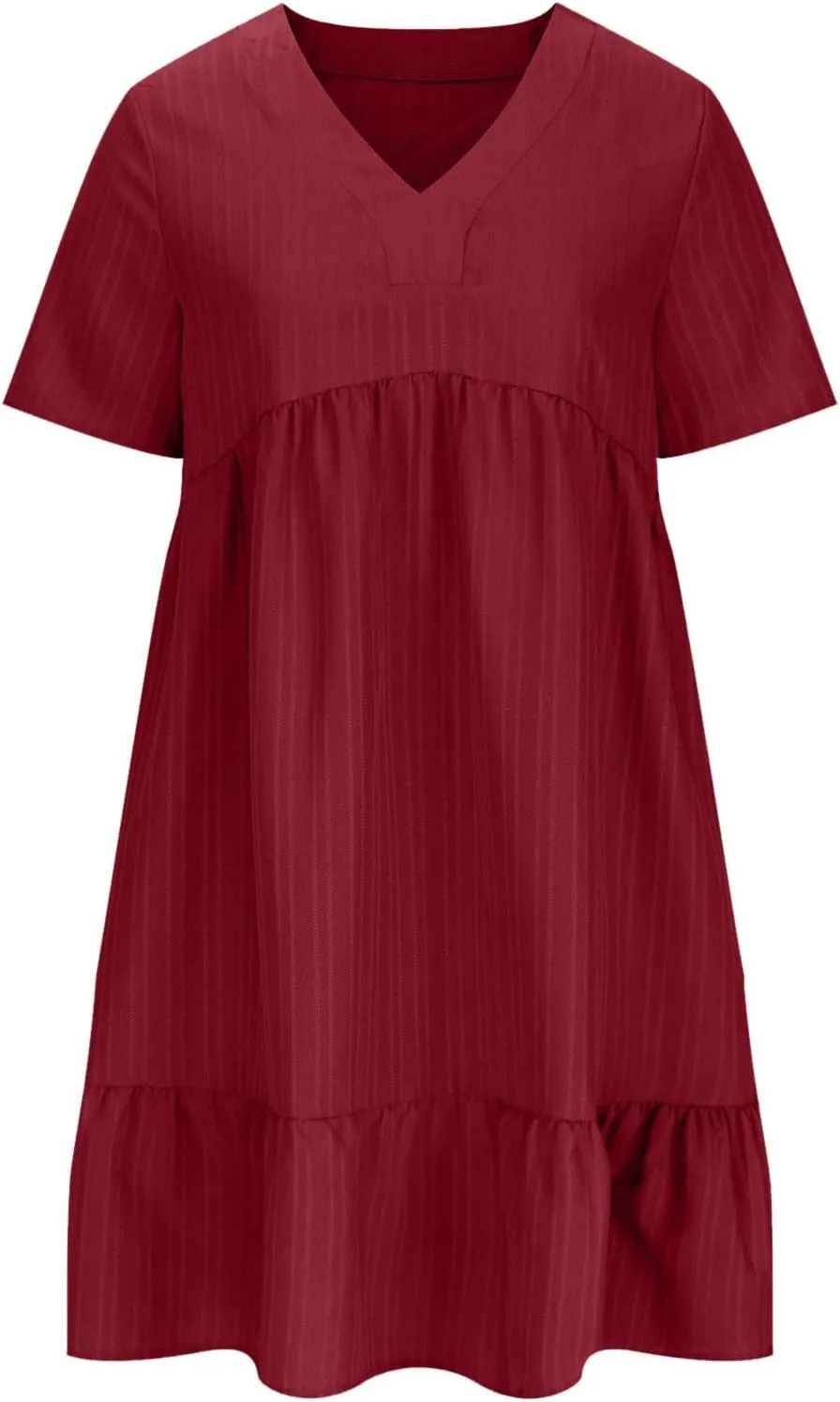 FZYLQY Womens Casual Dresses Short Sleeve V Neck Loose Fit Swing Dress Trendy Comfy Summer Sundresses Beach Mini Dresses