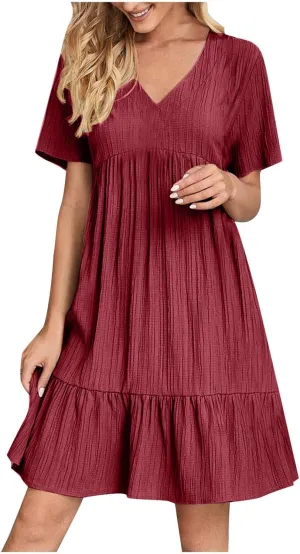FZYLQY Womens Casual Dresses Short Sleeve V Neck Loose Fit Swing Dress Trendy Comfy Summer Sundresses Beach Mini Dresses