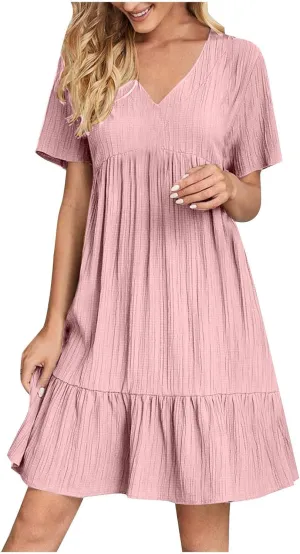 FZYLQY Womens Casual Dresses Short Sleeve V Neck Loose Fit Swing Dress Trendy Comfy Summer Sundresses Beach Mini Dresses