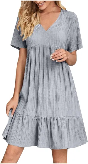 FZYLQY Womens Casual Dresses Short Sleeve V Neck Loose Fit Swing Dress Trendy Comfy Summer Sundresses Beach Mini Dresses