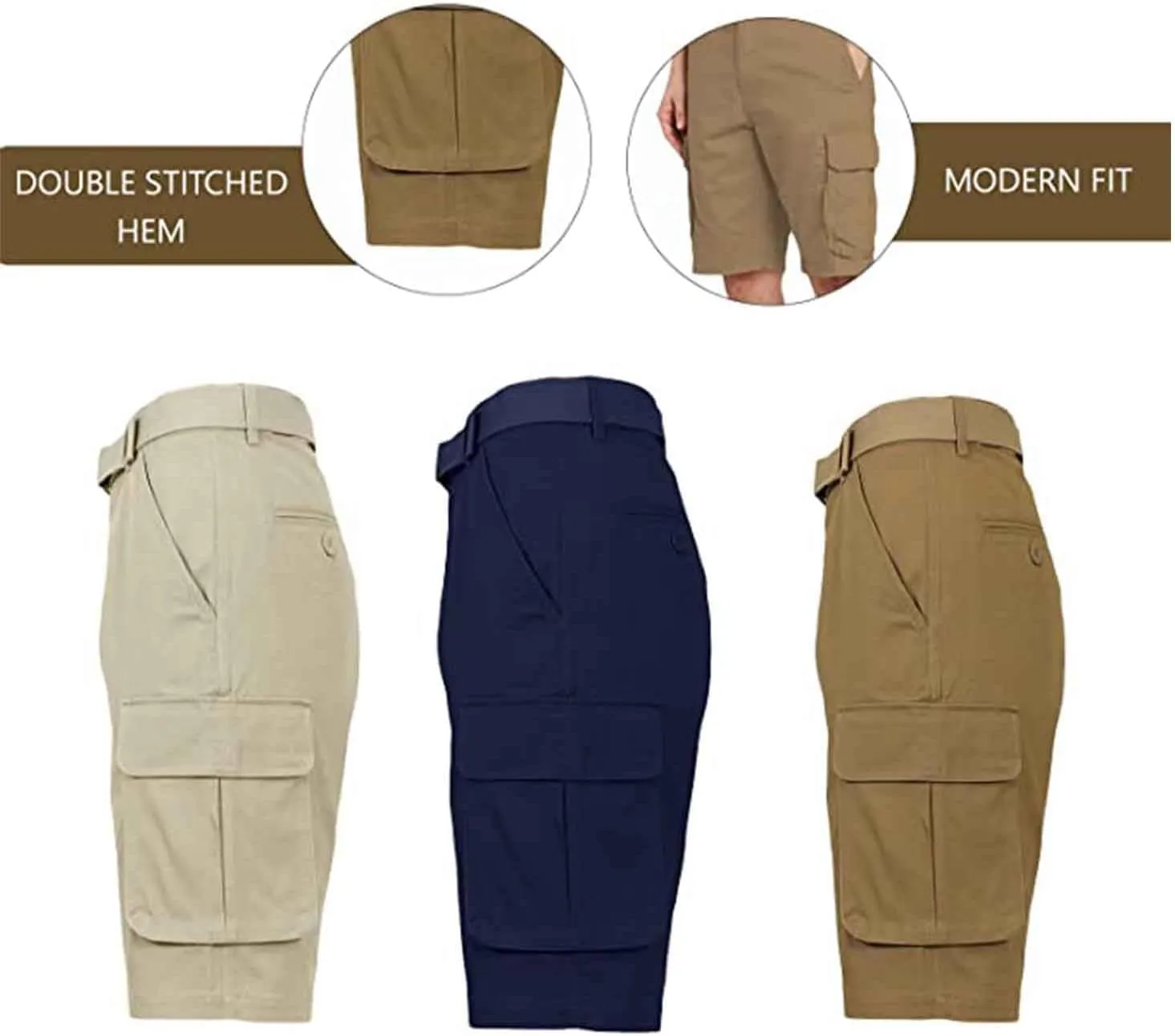 Galaxy by Harvic Men's Belted Cargo Shorts, Cotton Stretch Shorts with Multi Pockets, 3 Pack