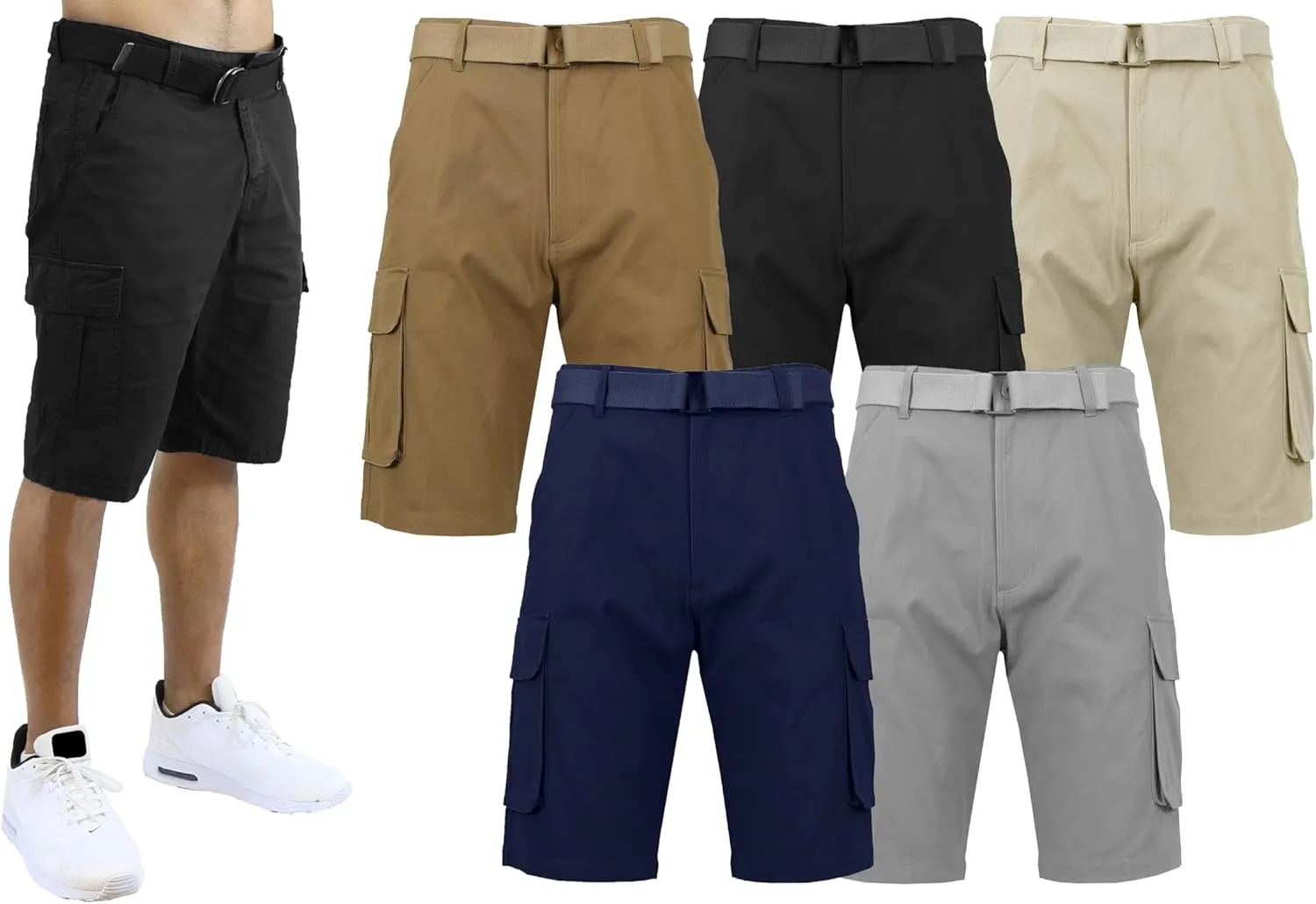 Galaxy by Harvic Men's Belted Cargo Shorts, Cotton Stretch Shorts with Multi Pockets, 3 Pack