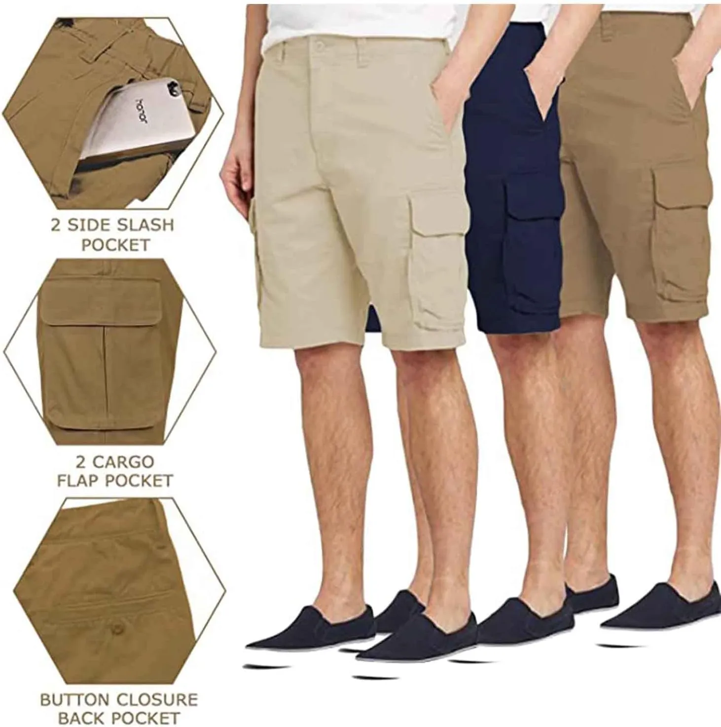 Galaxy by Harvic Men's Belted Cargo Shorts, Cotton Stretch Shorts with Multi Pockets, 3 Pack