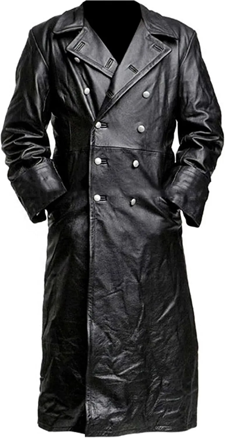 German Classic Officer ww2 Military Uniform Vintage Black Double Breasted Genuine Leather Trench Coat