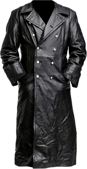 German Classic Officer ww2 Military Uniform Vintage Black Double Breasted Genuine Leather Trench Coat