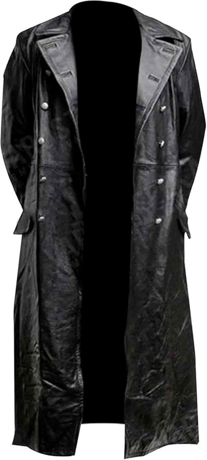 German Classic Officer ww2 Military Uniform Vintage Black Double Breasted Genuine Leather Trench Coat