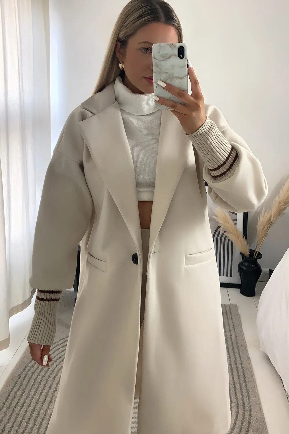 Gerry Beige Contrast Stripe Cuff Longline Jacket