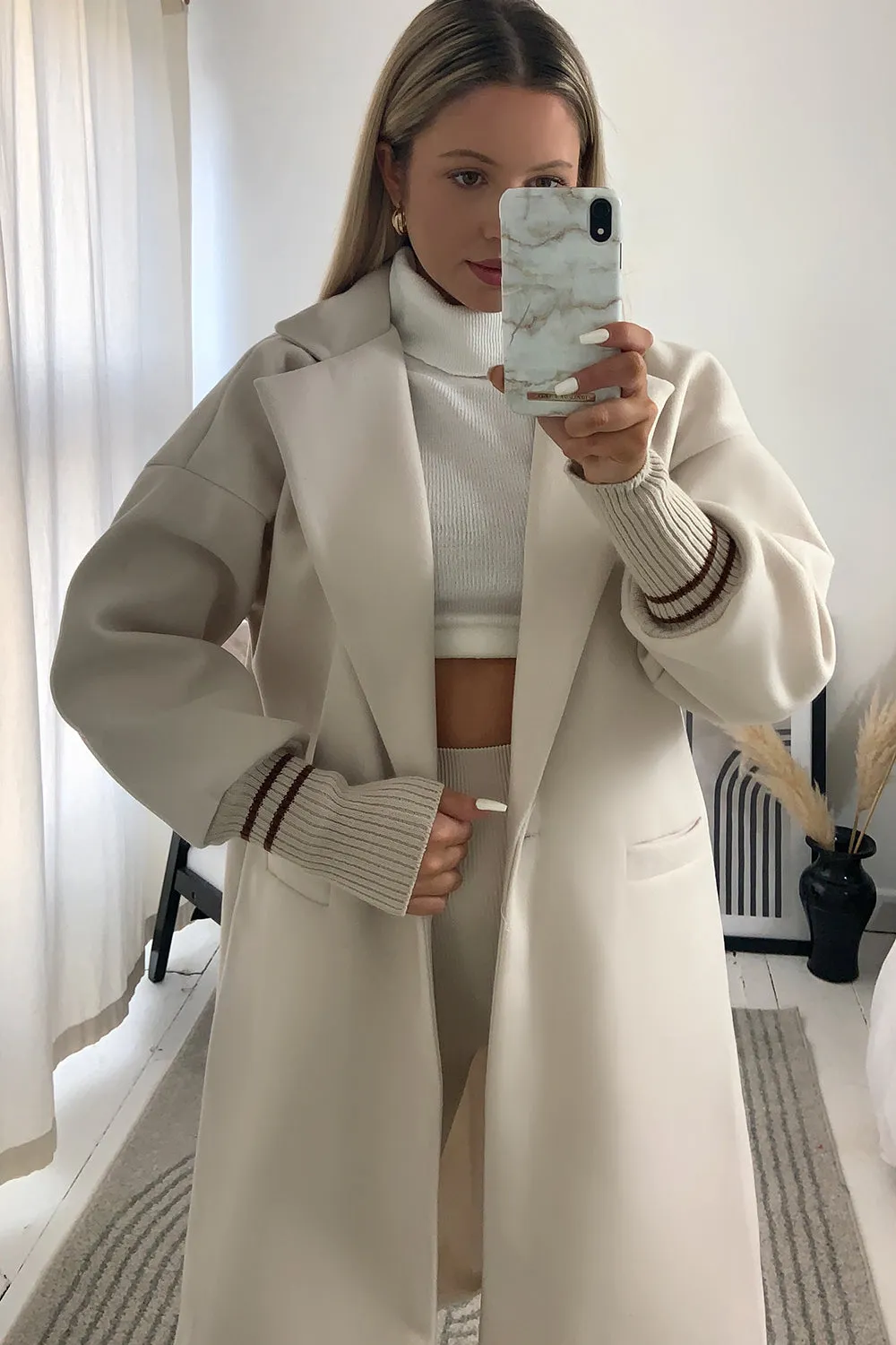 Gerry Beige Contrast Stripe Cuff Longline Jacket