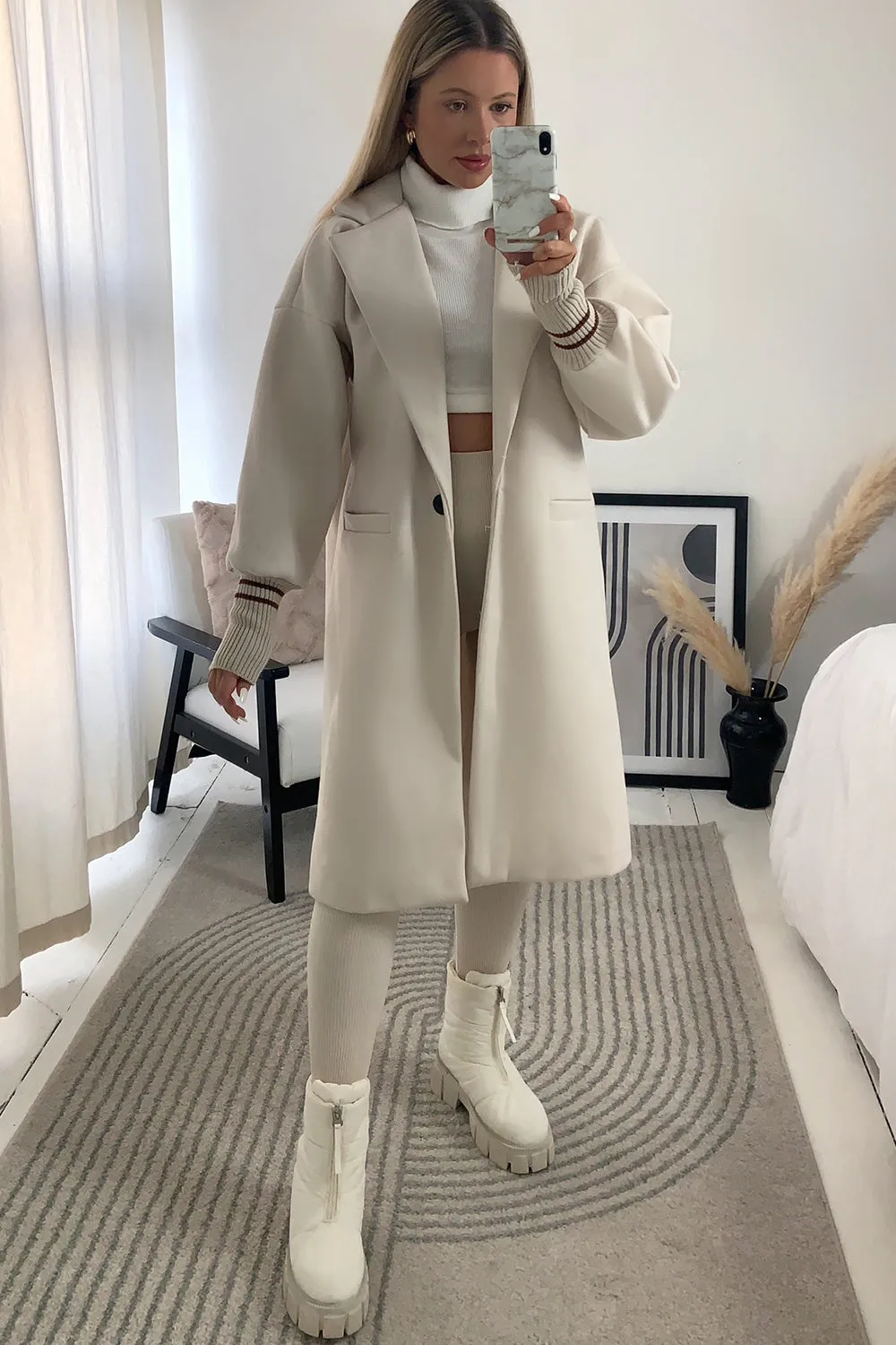 Gerry Beige Contrast Stripe Cuff Longline Jacket
