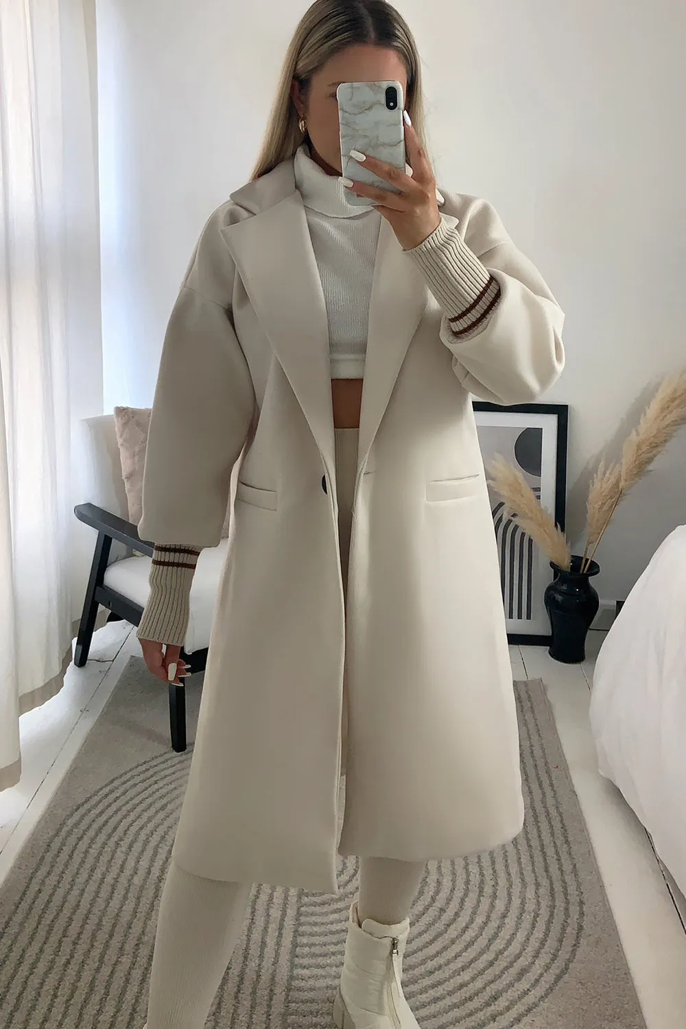 Gerry Beige Contrast Stripe Cuff Longline Jacket