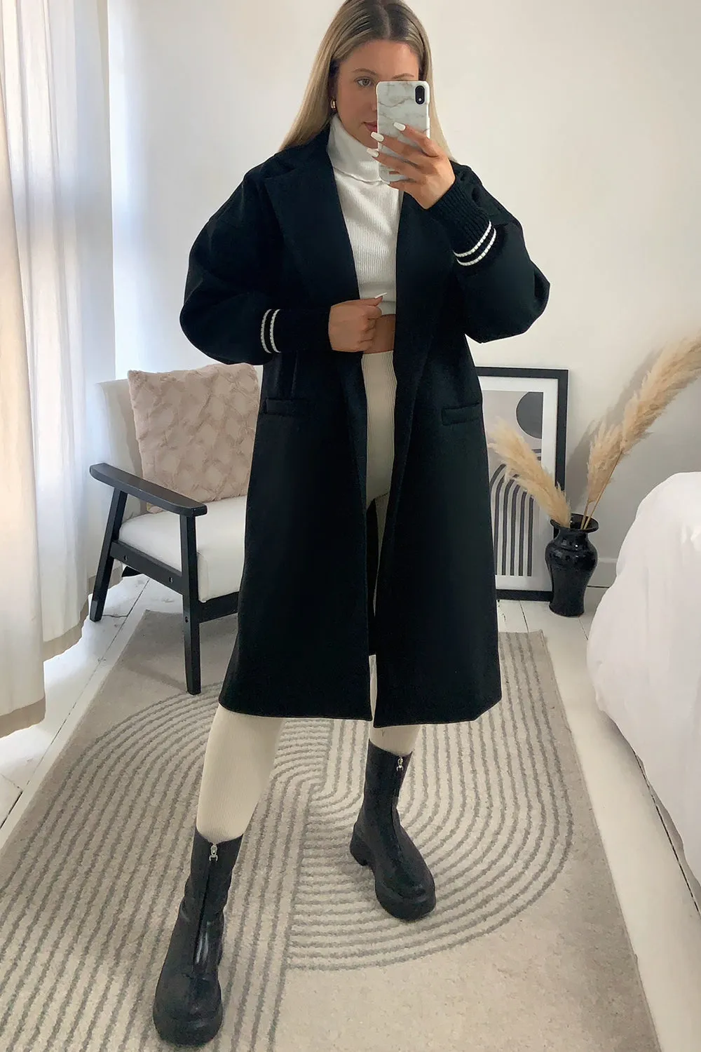 Gerry Black Contrast Stripe Cuff Longline Jacket