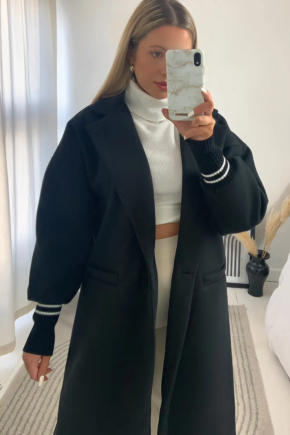 Gerry Black Contrast Stripe Cuff Longline Jacket