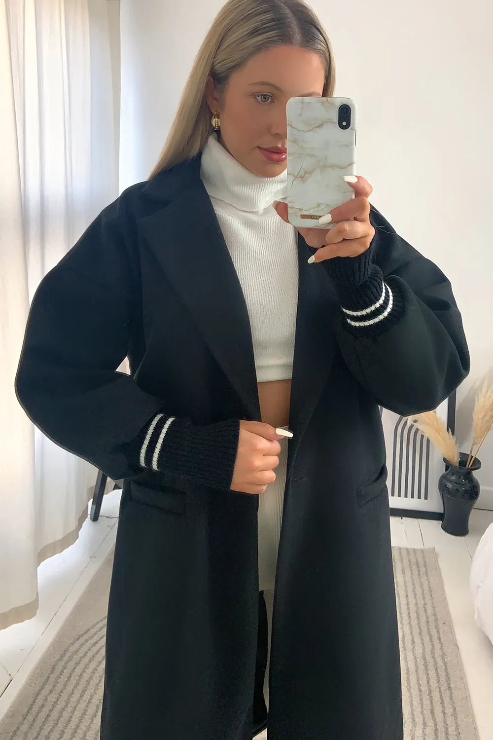 Gerry Black Contrast Stripe Cuff Longline Jacket