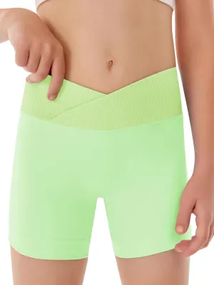 Girls Athletic Shorts Slim Tummy Control V Cross Waist Short Leggings Bike Dance Gymnastics Shorts