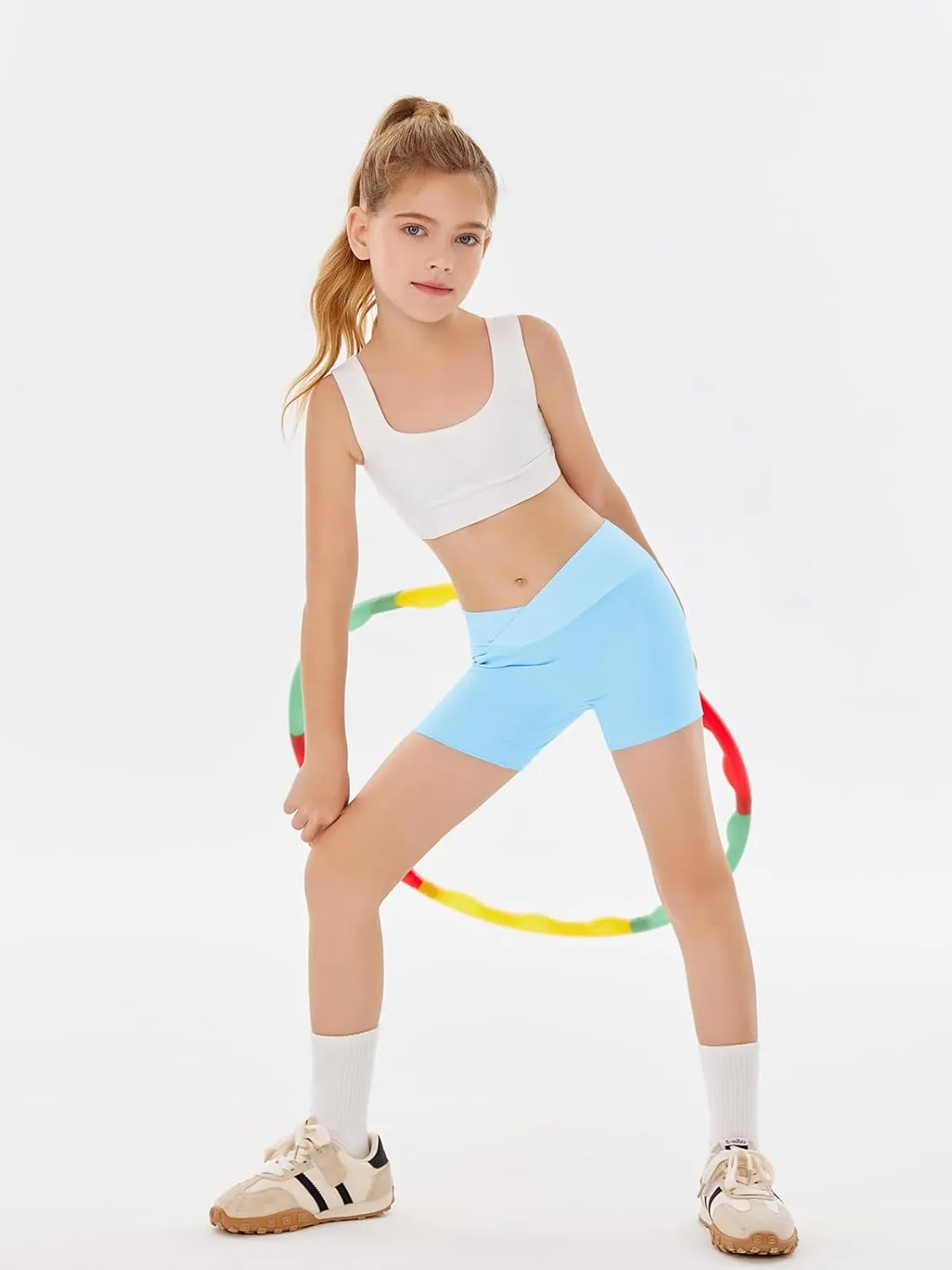 Girls Athletic Shorts Slim Tummy Control V Cross Waist Short Leggings Bike Dance Gymnastics Shorts