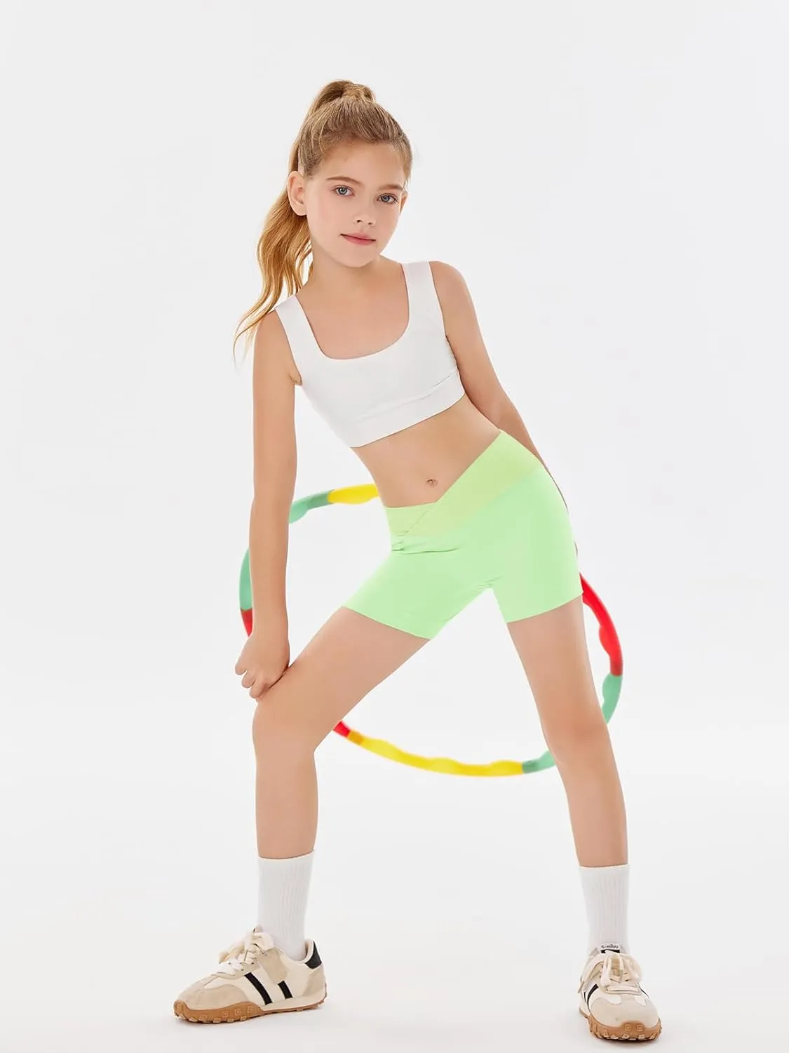 Girls Athletic Shorts Slim Tummy Control V Cross Waist Short Leggings Bike Dance Gymnastics Shorts