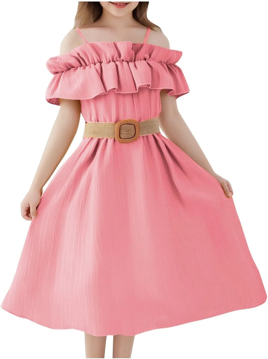 Girls Cold Shoulder Ruffle Trim Short Sleeve Belted A Line Midi Dress Ruffle Sleeve Maxi Dresses 6-13 Years Vacation Sundress