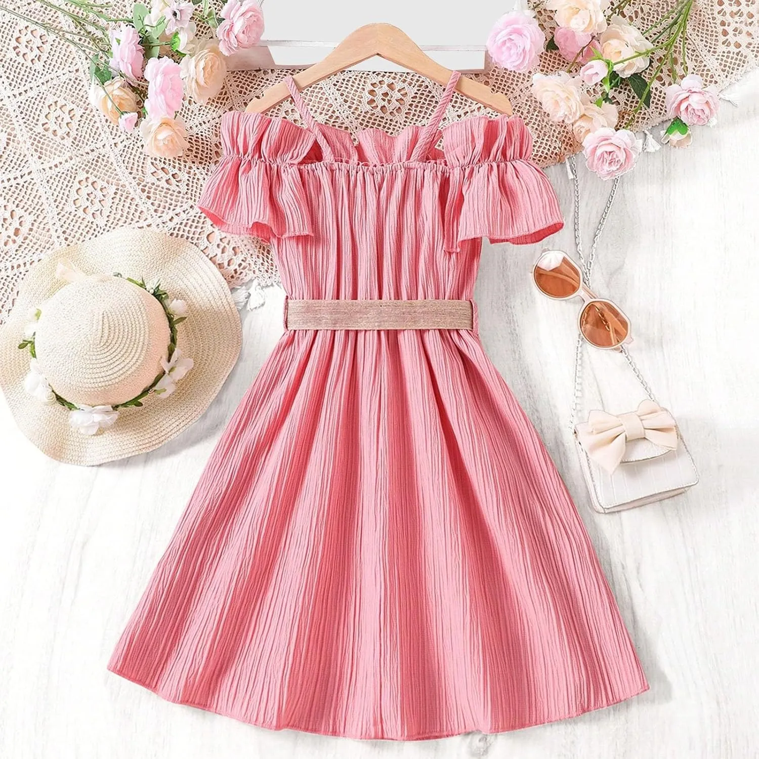 Girls Cold Shoulder Ruffle Trim Short Sleeve Belted A Line Midi Dress Ruffle Sleeve Maxi Dresses 6-13 Years Vacation Sundress