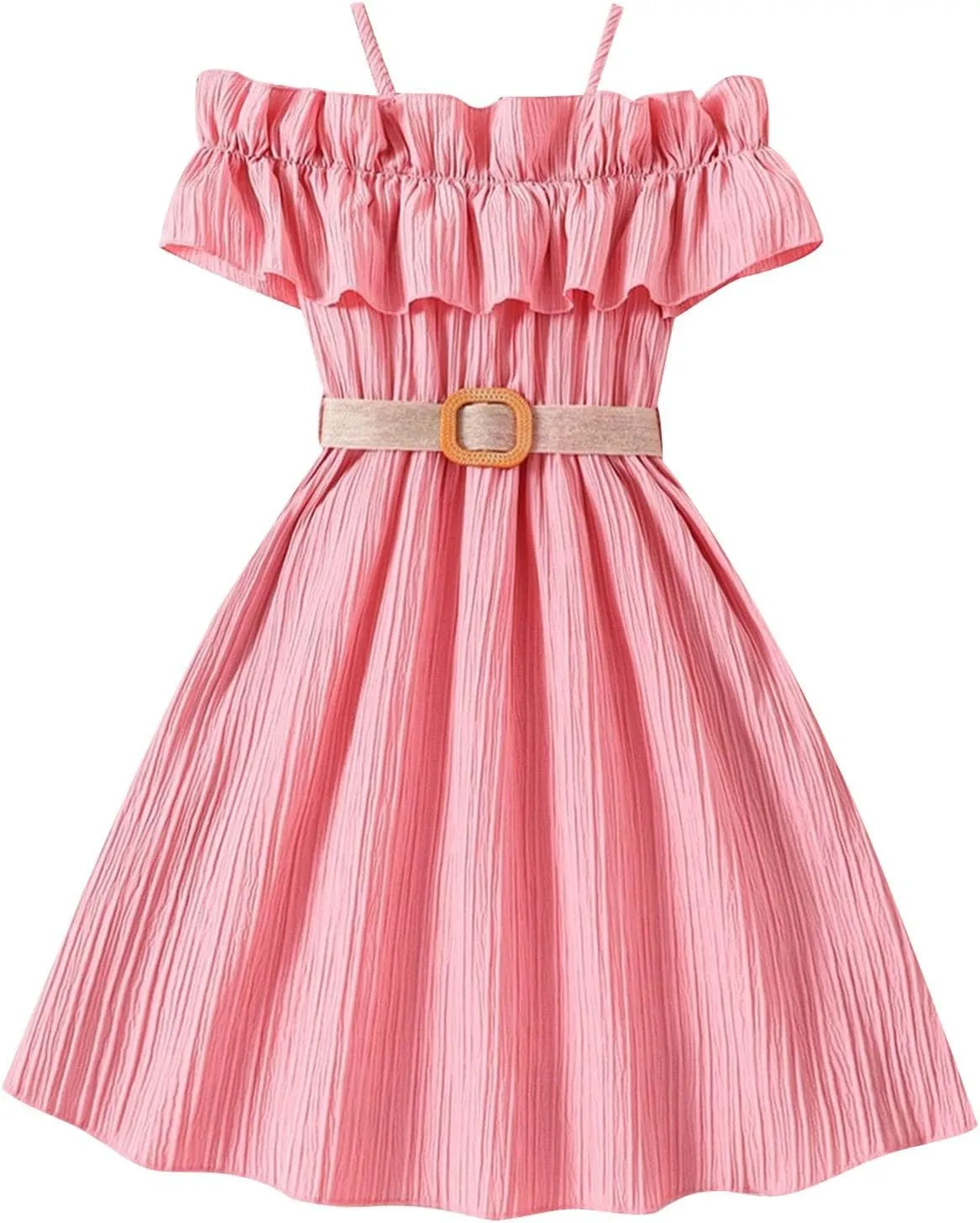 Girls Cold Shoulder Ruffle Trim Short Sleeve Belted A Line Midi Dress Ruffle Sleeve Maxi Dresses 6-13 Years Vacation Sundress