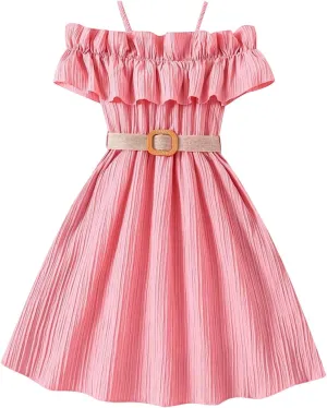Girls Cold Shoulder Ruffle Trim Short Sleeve Belted A Line Midi Dress Ruffle Sleeve Maxi Dresses 6-13 Years Vacation Sundress