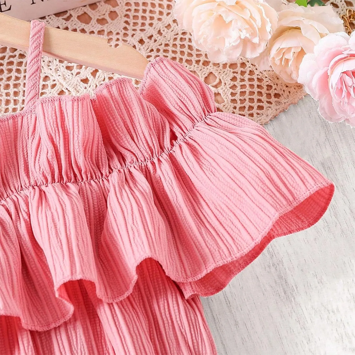 Girls Cold Shoulder Ruffle Trim Short Sleeve Belted A Line Midi Dress Ruffle Sleeve Maxi Dresses 6-13 Years Vacation Sundress