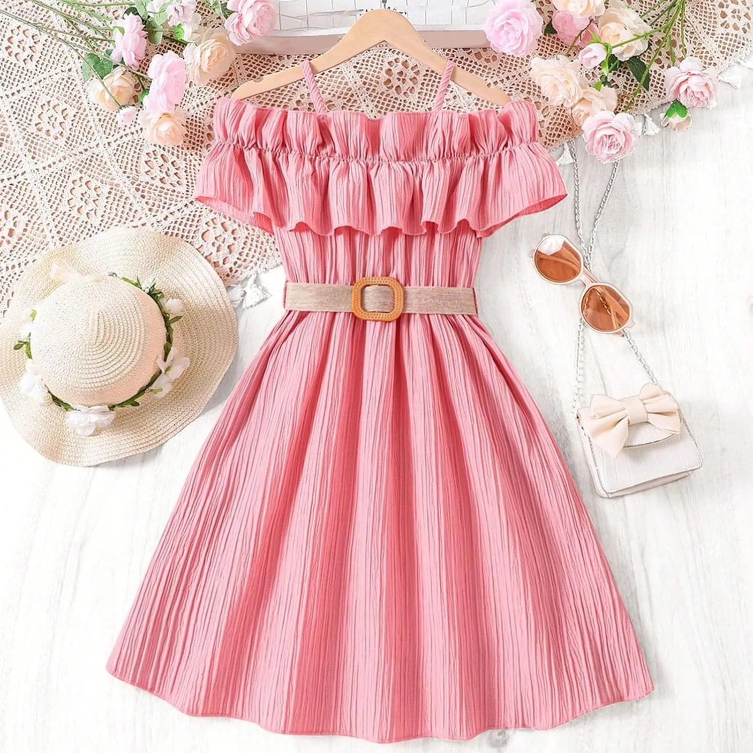 Girls Cold Shoulder Ruffle Trim Short Sleeve Belted A Line Midi Dress Ruffle Sleeve Maxi Dresses 6-13 Years Vacation Sundress