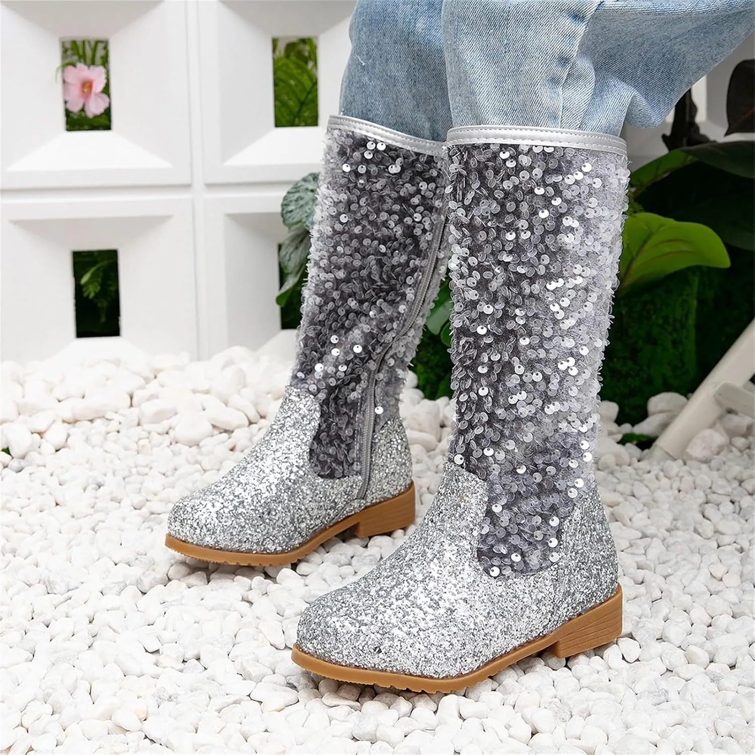 Girls Kids hinestone Mid Calf Riding Boots Sequin Fleece Plush Chunky Comfort Warm Lined Outdoor Casual Shoes