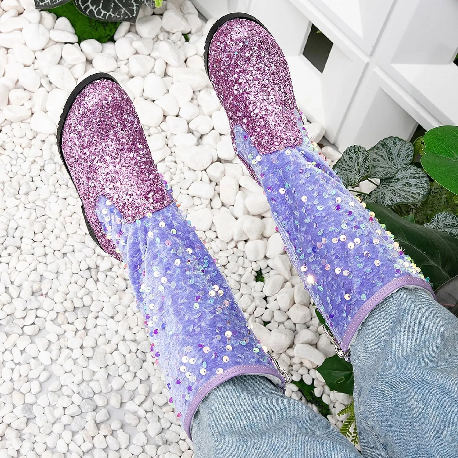 Girls Kids hinestone Mid Calf Riding Boots Sequin Fleece Plush Chunky Comfort Warm Lined Outdoor Casual Shoes