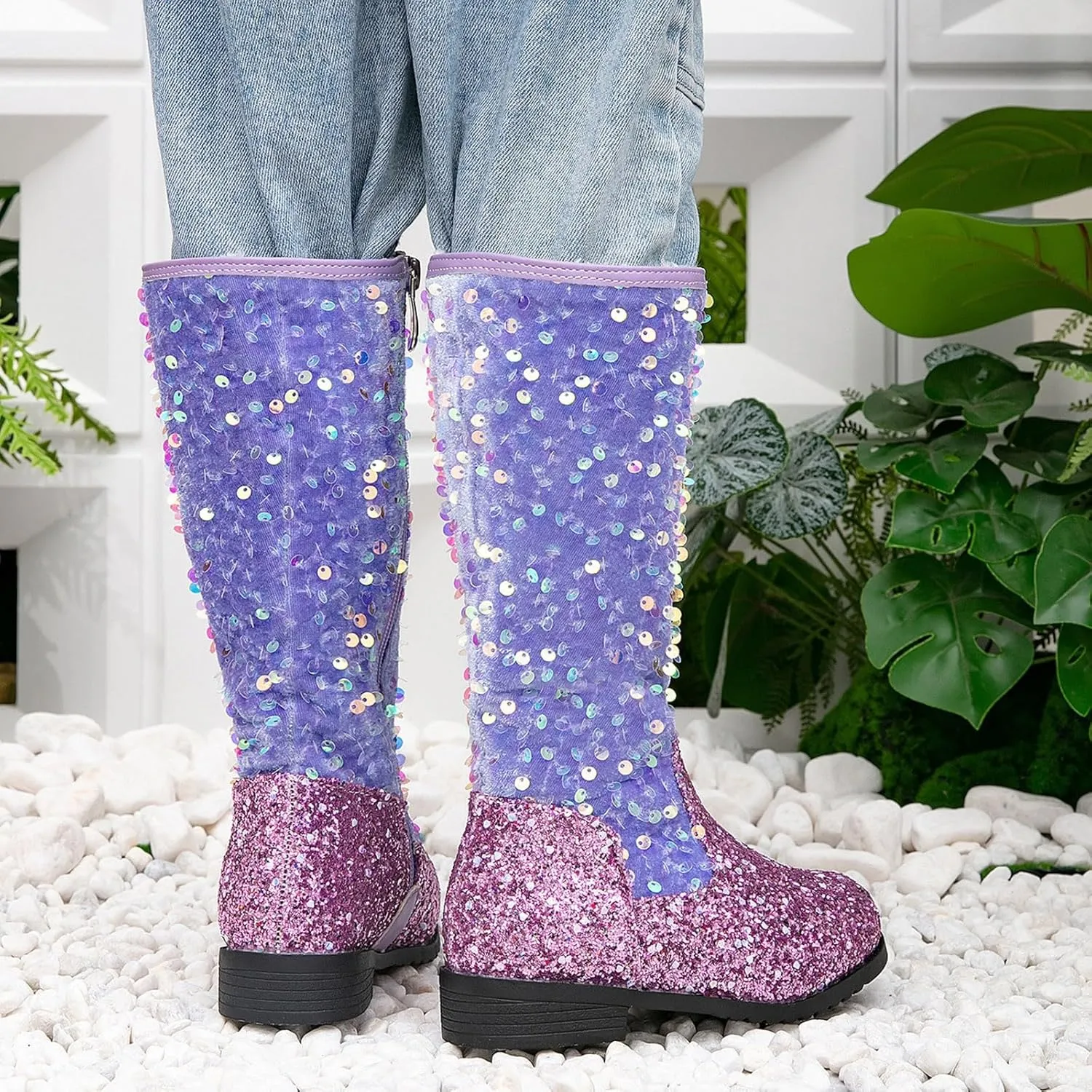 Girls Kids hinestone Mid Calf Riding Boots Sequin Fleece Plush Chunky Comfort Warm Lined Outdoor Casual Shoes